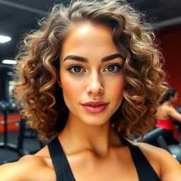 female influencer face mona lisa face in gym instagram selfie photo staring at camera with curly hair in gym photo # gym # photography # beauty