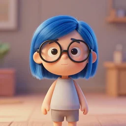 aardman character design, 1 0 year old girl with blue hair and glasses, short depth of field, octane render, global illumination,