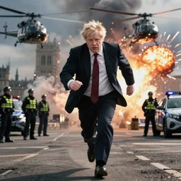 cinematic shot of Boris Johnson running from the police with helicopters and explosions in the background, detailed photo
