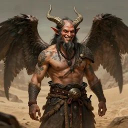 portrait of a tattooed, friendly!, good spirited!!! daemon monk warrior, small horns, large wings!!!, in the style of victor adame minguez, trending on artstation, desert background, shadowy, chaotic undertones, high detail, 8 k