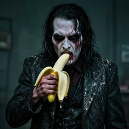 photo of a horror villain eating a banana, he is sad that his dark clothes are covered in banana peels.