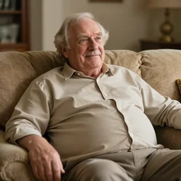 cozy wide picture of older handsome lord richard is sitting gracefully on a ( ( sofa ) ), his eyes look wise, happy wise. oh he is a human by the way, wear's beige shirt, has firm skin and bouncy belly
