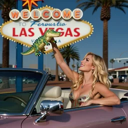 a blonde woman throws a stuffed alligator, sits in a cadillac convertible, in front of the welcome to las vegas sign, 3 5 mm photography, 8 k
