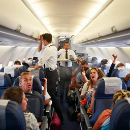 mobile photo of full chaos inside an airborne 7 4 7 from mallorca. cabin attendants, trays, angry passengers, luggage, beach attire, smoke, commotion, yelling.