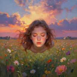 rose face, girl floating in a flower field, surreal photography, sunrise dramatic light, impressionist painting, colorful clouds, digital painting, artstation, simon stalenhag