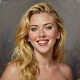 a very beautiful oil painting of scarlett johansson with long blond hair. she is very amused, very happy smile, joy, very aesthetic and attractive, portrait, trending on artstation