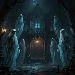 eldritch skeleton ghosts in a room of a haunted house. realistic, cinematic lighting, octane tender, dark - art