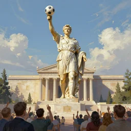 greek statue of viktor orban as the god of football, temple, crowd, view from afar, highly detailed, digital painting, artstation, concept art, illustration, art by artgerm and greg rutkowski and alphonse mucha