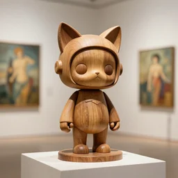 3D octane render ultra 8K photorealistic hyperdetailed unreal engine , a wooden sculpture art toys on a pedestal a very cute mystical robot of the bohemian with cat’s ears  , concept art , trending on cgsociety ,artwork masterpiece , in a contemporary art gallery in neo Paris by Alphonse Mucha