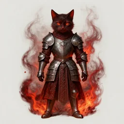 a medieval cat in royal knights armor, dark thick smokey red fire, intricate, metal, elegant, highly detailed, centered, digital painting, artstation, concept art, smooth, sharp focus, illustration, artgerm, tomasz alen kopera, peter mohrbacher, donato giancola, joseph christian leyendecker, wlop, boris vallejo