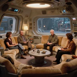cozy spaceship living room den. ralph mcquarrie scenes. art by, keith parkinson, walter simonson, gerald brom, keith parkinson. large depth of field. r / cassettefuturism. cycles. r / retrobattlestations