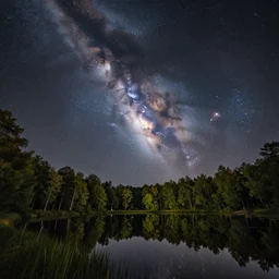 a beautiful double exposure of a deep field astrophotography image by hubble in the sky and a night time landscape with forests and a still lake, with reflections, lpoty, award winning, apod, detailed, sharp