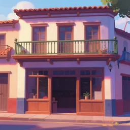 beautiful painting of a colombian storefront, close up front view, animation, digital art, graphic shapes, trending in artstation, dawn light, art style by disney, pixar