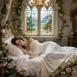 detailed sleeping woman in a rococo bed surrounded by vines and flowers, stained glass window, gothic, chandelier, by fantasy art, trending on artstation, fairytale, art by luis royo and walter crane and kay nielsen, watercolor illustration,