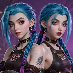 Ladies, with detailed faces of Jinx from Arcane movie, high details, 4k, 8k, best, accurate, trending on artstation, artstation, photorealism, ultrarealistic, digital painting, style of Peter Mohrbacher, Caravaggio, Boris Vallejo