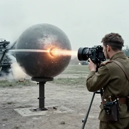 world war 2 footage of germany testing a nuclear bomb, taken on a ww 2 camera, you can see a single german soldier standing next to the camera, realistic.