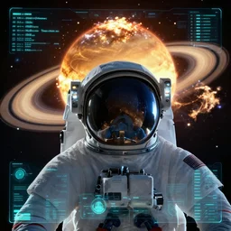 pov astronaut seeing Saturn being exploded, helmet overlay with hud, rendered by unreal engine, 4k post processing
