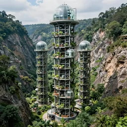 vertical farm towers and sci - fi containment building in a steep sided valley with trees, a sense of hope, high res, 4 k, in the style of edouard groult