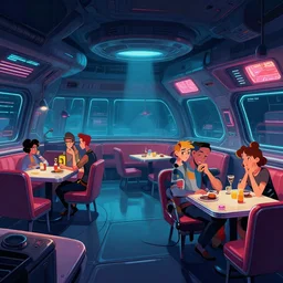 inside a diner, on a spaceship, cyberpunk style, from a point and click 2 d graphic adventure game, art inspired by [ thomas kinkade ] and [ mark keathley ]