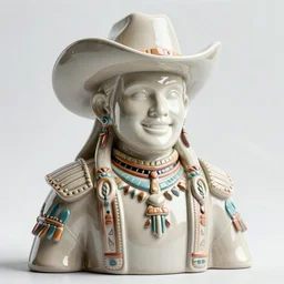 pfp ceramic portrait happy bounty hunter cyberpunk cowboy in tribal regalia, an idea seep's into infinity highly detailed in volumetric latent space, golden turquoise, cinematic light, sharp focus, divine realm of gods, octane render,