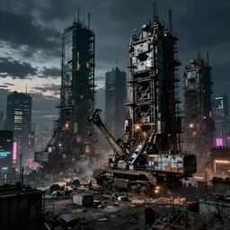 Panorama highly detailed heavy industrial construction cyberpunk city neon lights, dusk, massive construction machines, grime, dark, midnight, sci-fi, science, industry, realistic, in the style of grandfailure, Tithi Luadthong, dynamic dramatic dark moody lighting,shadows,cinematic atmosphere,Artstation,concept design art,Octane render,8K