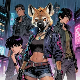 beautiful portrait commission of a female furry anthro hyena fursona wearing skaterpunk clothes. Cyberpunk city at night in the rain. Neon light. Atmospheric. Character design by charlie bowater, ross tran, artgerm, and makoto shinkai, detailed, inked, western comic book art