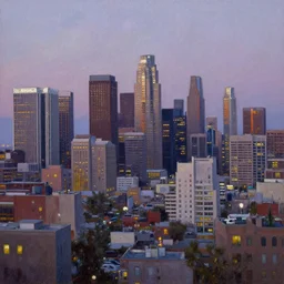 downtown los angeles skyline at dusk, palette knife oil painting
