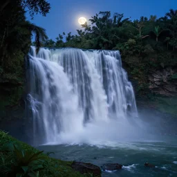 the night waterfall of light, tropical vegetation, serene twilight moonlight, by frederic edwin church,