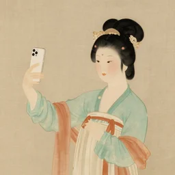 the Chinese ancient painting of a lady take selfie picture with iPhone in Tang Dynasty , by Han Xizai