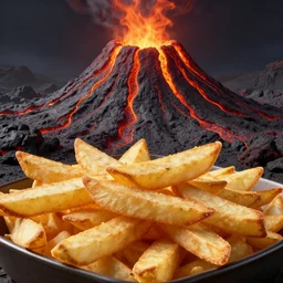 poutine ( the canadian meal ) from mount doom, volcano texture, lava texture, fire texture, 8 k, octande render, unreal engine 5, surface blemishes, hdr