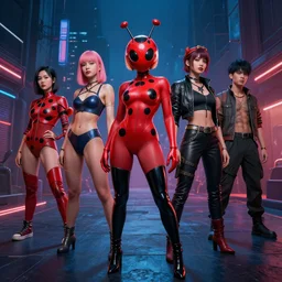 cyberpunk lady bug realistic characters, Moebius, Greg Rutkowski, Zabrocki, Karlkka, Jayison Devadas, Phuoc Quan, trending on Artstation, 8K, ultra wide angle, pincushion lens effect