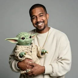 kanye west smiling and holding holding yoda for a 1 9 9 0 s sitcom tv show, studio photograph, portrait c 1 2. 0