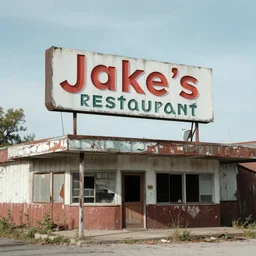 an extremely old abandoned restaurant with a sign saying jake's restaurant