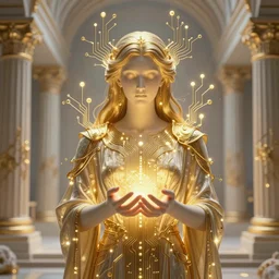 the ethereal god of technology bestows the gift of circuits to humanity. immaculate matte painting. fantastic. velvet and gold. high key studio lighting. fractal dreams. ancient greece, trending on artstation, cgsociety, ps 5, uhd 8 k cryengine