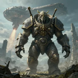 highly detailed elden ring portrait photo of a huge golurk spaceman in scenic dystopian environment. an even bigger massive spaceship lifts off in the background, hyperrealistic illustration by william didier - pouget
