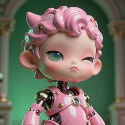 hyperrealistic hyperdetailed neoclassical mechanical iridescent pink cute humanoid winking concept art santiago caruso de chirico sharp very dramatic green light 8k low angle shallow depth of field
