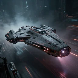 a wide angle view of a technopunk spaceship in the style of tron legacy, hyperrealism, concept art, ominous, darksynth, illuminated lines, outrun, vaporware, misty, by ridley scott and denis villeneuve, dramatic lighting, 8 k