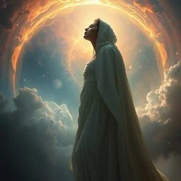 in flowing white robes she watches as the universe is born, saturated nebulas, misty, dramatic lighting, bright arc of light, radiant light, stars, intricate, hyper detailed, beautiful concept art by greg rutkowski, artgerm, ruan jia, norman rockwell, caravaggio, alphonse mucha, beksinski