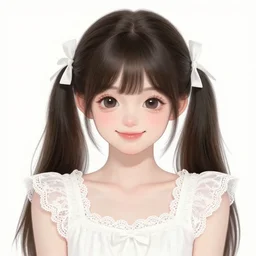 a beautiful digital illustration portrait of a pretty girl, happy kawaii, hestia, with bangs and twintails, dark hair with bow ties, wearing a white lace dress. ilya kuvshinov