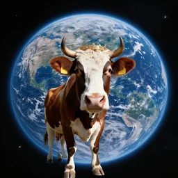 wide angle view, colored photo of a cow wearing circle crown in space, earth in the background, digital art, photorealistic, nikon z 1 4 - 2 4 f 2. 8 s, 8 k