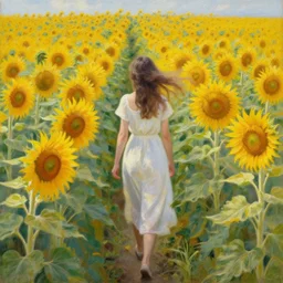 a girl slowly walking through amazing tall sunflower field, her hair flowing down, subtle, intricate details, real masterpiece, oil on canvas, by leonid afremov