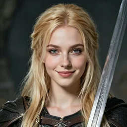A beautiful Jordis the Sword-Maiden from Skyrim || smiling, blonde, cute-fine-face, pretty face, realistic shaded Perfect face, fine details. Anime. realistic shaded lighting poster by Ilya Kuvshinov katsuhiro otomo ghost-in-the-shell, Sakimichan, magali villeneuve, artgerm, Jeremy Lipkin and Michael Garmash and Rob Rey