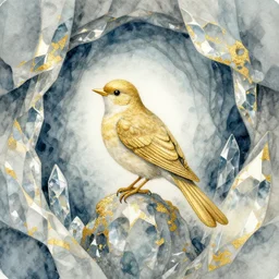 magical bird in a crystal cave. this watercolor and gold leaf work by the award - winning mangaka has a beautiful composition and intricate details.