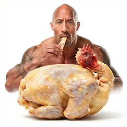 dwayne johnson eating an entire raw chicken , 8k , highly detailed, professional photography