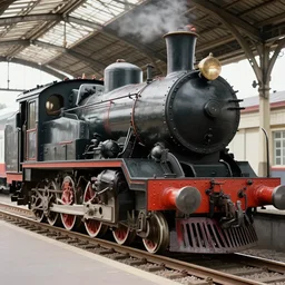 an ancient locomotive, detailed, intricate, railway station background, photorealism, by moebius and ricardo robles, marco turini, watercolor, ilustration, blank background