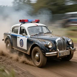 action photography, award winning photo of an ultra detailed intricate muddy vintage lincoln police interior on smoke speeding very fast on mud, dirt and dust, fast shutter speed, motion blur, tiny gaussian blur, highly detailed, highly intricate, depth of field, trending on top gear
