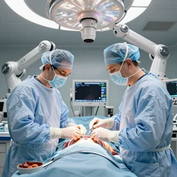 an organ transplant in an operating room with robotic surgeons , photorealistic,by Wlop,4k resolution