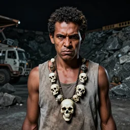 portrait of brazilian worker in a quarry, 3 0 yo with a necklace of skulls, angry look, dark background, studio light, hdr, nikon 2 4 mm f / 1. 8 g, by sebastiao salgado