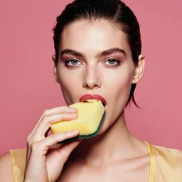 extremely detailed studio closeup portrait of a fashion model eating a sponge. surreal photograph, lo - fi, polished look, solid background, silly and serious, hermes ad, fashion photography, toiletpaper magazine by pierpaolo ferrari and maurizio cattelan, 3 5 mm photograph, colourful, david lachapelle, canon eos c 3 0 0, 8 k, medium - format print