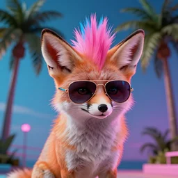 fennec fox, pink and blue mohawk hairstyle, palm trees, furry, aviator sunglasses, synthwave style, artstation, detailed, award winning, dramatic lighting, miami vice